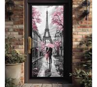 Sticker Porte 3D Romantique Tour Eiffel, Autocollant de Porte Paris Couple Décoratif pour Rénovation Porte Intérieure, Printemps Fleur de Cerisier PVC Résistant à l'Humidité, 100x200cm