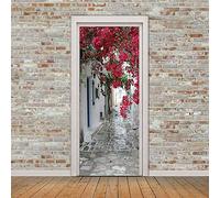 Sticker Porte 3D Rue des fleurs rouges Autocollant Poster De Porte Auto-Adhésif Vinyle Affiche De Porte Sticker Mural Chambre Salle De Bain Papier Peint Art Décor L83 x H204cm
