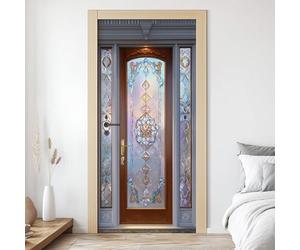 Sticker Porte 3D Vitrail 83x204 cm Art Nouveau Autocollants Porte Mural Trompe L'oeil Effect Auto-adhésif Vinyle Motif Floral Stickers Muraux Maison Décoration W6s168