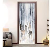 Sticker Porte 77x200 cm PVC Imperméable Hiver ForêT éLan Poster de Porte 3D Stickers Muraux Autocollant Mural Amovible Blanc Auto-adhésif Murale pour Porte Salon Chambre Decoration