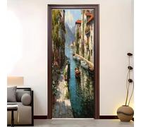 Sticker Porte Auto Adhésif Ville EuropéEnne Peinte PVC étanche Film de Porte 83x205 cm pour Cuisine Chambre Salle de Bain Peinture Pas de Décoloration Auto Adhésif Amovible Murale Décoration