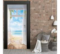 Sticker Porte Autocollant Plage Vue Mer 3D Papier Peint Plage Vue Mer Poster Porte Auto-Adhésif Imperméable Décoration Mur Art Décor Mural Stickers Muraux 85x200 cm m2487