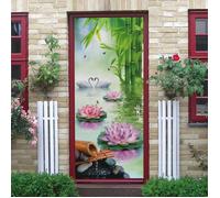 Sticker Porte Autocollant Poster De Porte 3D Bambou Vert Fleurs De Lotus Cygnes dans l'eau Affiche De Porte Sticker Mural Papier