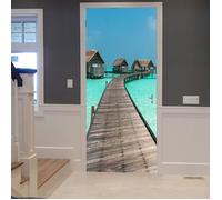 Sticker Porte Autocollant Poster de Porte 3D Blue Ocean Beach Aux Pont En Bois Jetée À L'Eau Nature Papier Peint Décor 77 x 200 cm