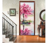 Sticker Porte Autocollant Poster De Porte 3D Cerisier Oriental Sakura sur Le Lac Paysage De Peinture À l'huile Affiche Porte Mural