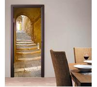 Sticker Porte Autocollant Poster de Porte 3D Marches Pierre Escaliers Ruelle Étroite Architecture Médiévale Toscane Vinyle,77 x 200