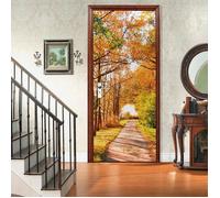 Sticker Porte Autocollant Poster De Porte 3D Une Route dans La Forêt d'automne Jaune Vinyle Affiche De Porte Sticker Mural Papier