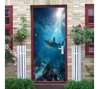 Sticker Porte AutocollantLes Requins Du Monde Sous Marin Sticker Porte PVC Imperméable Anti Décoloration Bleu Décoration Murale DIY pour Salon, Cuisine, Chambre, Salle de Bain 83x205 cm