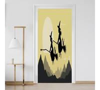 Sticker Porte Balai Sorcière Halloween Effet 3D Vinyle Auto-adhésif Imperméable Amovible Papier Peint Porte Sorcière Magique 93x205 cm pour Salon Chambre Salle de Bain
