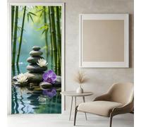 Sticker Porte Bambou Vert Papier Peint, Galets Fleuris Autocollant Poster Auto-Adhésif, Chambre Salon Salle de Bain Affiche Art Décor Mural 3D Stickers Porte 90 x 210 cm w.6973