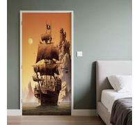 Sticker Porte Bateau Pirate, Sticker Mural Porte 73x205 cm Voilier Nautique Pleine Lune Montagne, pour Salon Chambre Décoration De La Maison Muraux Imperméable Stickers Amovibles