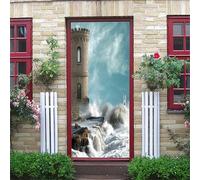 Sticker Porte Château De La Vague Bleue Et Blanche Trompe L'Oeil Effet 3D Pour Décoration Autocollant De Porte 77X200Cm Chambre Salon Cuisine Salle De Bain Papier Peint Imperméable Amovible Muraux