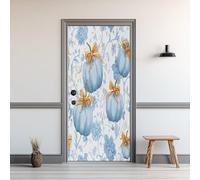 Sticker Porte Citrouille, Autocollant Porte Nœud Papillon Fleur Feuilles Bleu, Stickers Muraux pour Salon Chambre Décor Maison, Papier Peint Auto-Adhésif Amovible Imperméable 86x200cm