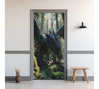 Sticker Porte Dragon Noir, Autocollant Porte Forêt Feuilles Plante, Stickers Muraux pour Salon Chambre Décor Maison, Papier Peint Auto-Adhésif Amovible Imperméable 100x200cm