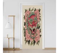 Sticker Porte Dragon Tête Chinois Effet 3D Vinyle Auto-adhésif Imperméable Amovible Papier Peint Porte Mythologie Animal Pivoine 93x205 cm pour Salon Chambre Salle de BainFO225v