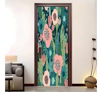 Sticker Porte Effect 3D Intérieure Muraux Stickers 90x200cm Dessin Animé Tropical Plantes Fleurs Vinyle Stickers Porte Vert pour Salon Cuisine Chambre Salle de Bain