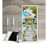 Sticker Porte effet 3D Auto-adhésif Porte Autocollants - autocollant Trompe L'œil pour Porte - Lac pont en bois paysage - PVC Autocollants de Décoration pour Porte 95 x 215 cm