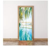 Sticker Porte Effet 3D - Autocollant De Porte Trompe L'Œil - 77X200Cm - Piscine Tropicale En Bord De Mer Mural Papier Peint - Amovible Muraux Stickers -Chambre Salon Cuisine Poster Décoration