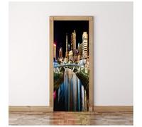 Sticker Porte Effet 3D - Autocollant De Porte Trompe L'Œil - 77X200Cm - Pont De Nuit Noir Et Bleu De La Ville Mural Papier Peint - Amovible Muraux Stickers -Chambre Salon Cuisine Poster Décoration