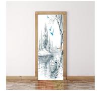 Sticker Porte Effet 3D - Autocollant De Porte Trompe L'Œil - 90X200Cm - Bateau Fluvial De Style Encre Mural Papier Peint - Amovible Muraux Stickers -Chambre Salon Cuisine Poster Décoration