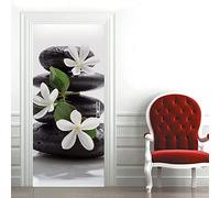 Sticker Porte Effet 3D - Autocollant Trompe L'Œil Pour Porte - Fleur De Magnolia Zen Pierre Noire 77 X 200 Cm Créatif Auto Adhésif Amovible Imperméable Pvc Autocollants De Porte Muraux Reconditionné