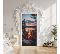 Sticker Porte Feu de Joie Flamme 3D, Autocollant Stickers Porte Montagne Forêt Paysage, Papier Peint Porte Amovible PVC Auto-adhésif Chambre Salon Salle de Bain Décor 73 x 205 cm