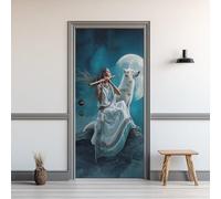 Sticker Porte Fille Jouant De Flûte Poster Porte Trompe L'oeil Loup Blanc Papier Peint Pleine Lune Autocollants de Décoration pour Porte PVC Imperméable Amovible 86 x 200 cm