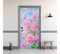 Sticker Porte Fleur Rose, Autocollant Porte Papillon Floral Rose, Papier Peint pour Salon Chambre Décor Maison, Stickers Muraux PVC Auto-Adhésif Amovible Imperméable 70x200cm