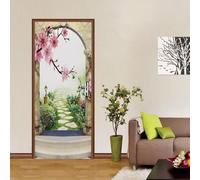 Sticker Porte Fleurs Papier Peint Porte Vue du Jardin 3D Stickers de Porte Trompe l'Oeil Autocollant de Décoration pour Porte Mural Salon Chambre Poster Porte 77x200 cm a4257