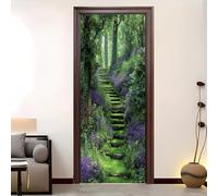 Sticker Porte, ForêT, Herbe Verte, Fleurs Autocollant Porte Affiche 3D Papier Peint Porte pour Salon Chambre Décoration De La Maison Vert Stickers Muraux Imperméable 73x205 cm