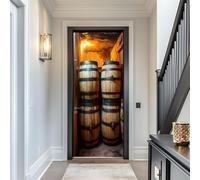 Sticker Porte Fûts Cave À Vin Papier Peint, Fûts À Vin Autocollant Poster Auto-Adhésif, Chambre Salon Salle de Bain Affiche Art Décor Mural 3D Stickers Porte 90 x 210 cm q.8174