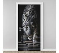Sticker Porte Guépard Noir et Blanc Autocollants de Porte Jungle Léopard 3D Amovible Animaux Sauvages Affiche Sticker Autocollants de Décoration Chambre Salon Cuisine Salle 77x200cm H6l81
