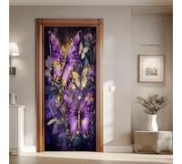 Sticker Porte Lumineux Papillons Violet Effet 3D Vinyle Auto-adhésif Imperméable Amovible Papier Peint Porte Insecte Fantastique 80x224 cm pour Salon Chambre Salle de Bain
