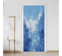 Sticker Porte Peinture À L'Huile Bleu Effet 3D Vinyle Auto-adhésif Imperméable Amovible Papier Peint Porte Moderne Abstrait 93x205 cm pour Salon Chambre Salle de Bain