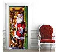 Sticker Porte Père Noël rouge 3D pour Décoration Autocollant De Porte Chambre Salon Cuisine Salle De Bain Papier Peint Imperméable Amovible Muraux L100 x H200cm