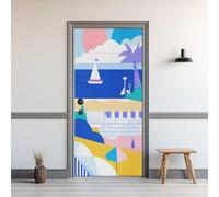 Sticker Porte Plage Mer Tropical Dessin Animé, Autocollant Porte Auto-Adhésif Voilier, Stickers Muraux Amovible PVC Imperméable pour Chambre Salon Salle de Bain Décor 95x215cm