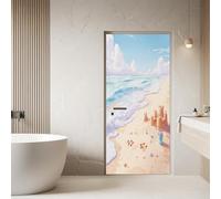Sticker Porte Plage, Papier Peint Porte Vague Mer Château Ours Dessin Animé, Autocollant Mural Décor Salon Chambre, Stickers Muraux Auto-Adhésif Amovible PVC Imperméable 77x200cm