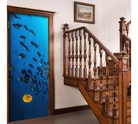 Sticker Porte Poisson Autocollant de Porte 3D Océan Bleu Papier Peint Trompe l'Oeil Stickers Poster Muraux de Décoration pour Mural Salon Chambre 95x200 cm a/3057