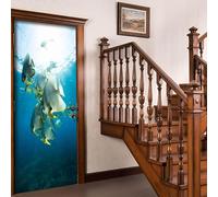 Sticker Porte Poisson Autocollant de Porte 3D Océan Mer Papier Peint Trompe l'Oeil Stickers Poster Muraux de Décoration pour Mural Salon Chambre 80x200 cm a/2127