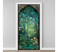 Sticker Porte Style Église Vitrail Autocollants de Porte Plante Feuilles Vert 3D Amovible Arch Étang de Lotus Affiche Sticker Autocollants de Décoration Chambre Salon Cuisine Salle 77x200cm F4f51