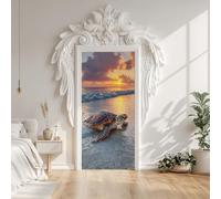Sticker Porte Tortue Animaux Océan plage, Autocollant Stickers Porte Coucher de Soleil Paysage, Papier Peint Porte Amovible PVC Auto-adhésif Chambre Salon Salle de Bain Décor 73 x 205 cm