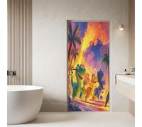 Sticker Porte Trompe l’oeil Dinosaur Dessin Animé 90x200cm, 3D Volcan Dinosaur Autocollant Porte, Vinyle Imperméable Amovible, Décor Mural Chambre Salon