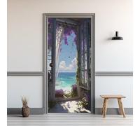 Sticker Porte Trompe l’oeil Fleur Violet Papillon 95x215cm, 3D Paysage Marin Autocollant Porte, Vinyle Imperméable Amovible, Décor Mural Chambre Salon
