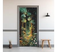 Sticker Porte Trompe l’oeil Forêt Magique 95x215cm, 3D Champignon Fleur Autocollant Porte, Vinyle Imperméable Amovible, Décor Mural Chambre Salon