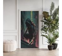 Sticker Porte Trompe l’Oeil Punk Ninja Assassin 90x200cm, 3D Science-Fiction Urbain Guerrier Autocollant Porte, Vinyle Imperméable Amovible, Décor Mural Chambre Salon