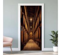 Sticker Porte Trompe L'oeil Cave à Vin 3D, Poster de Porte Tonneaux de Vin, Autocollant Porte Mural Rétro Auto-adhésif PVC Chambre Salon Cuisine Décoration 88x200 cm U4s225