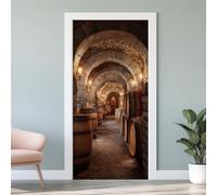Sticker Porte Trompe L'oeil Cave à Vin 3D, Poster de Porte Tunnel en Arche, Autocollant Porte Mural Tonneaux de Vin Auto-adhésif PVC Chambre Salon Cuisine Décoration 88x200 cm K1d145