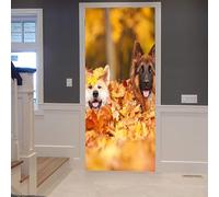 Sticker Porte Trompe-l'oeil Chien de Compagnie Effect 3D Poster Porte Auto-Adhésif Feuilles D'Érable D'automne Autocollant 95x215 cm Imperméable et Amovible pour Salon, Chambre et Cuisine m.3812