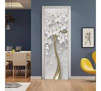Sticker Porte Trompe l'oeil Effect 3D Blanc et arbres en fleurs pour Décoration Mur Salon Cuisine Chambre Salle de Bain Papier Peint L83 x H204cm