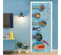 Sticker Porte Trompe l'oeil Effect 3D Bois Bleu Autocollant de Porte épices de Cuisine Auto-adhésif Papier Muraux PVC étanche pour Salon Chambre 100x200 cmd-3303